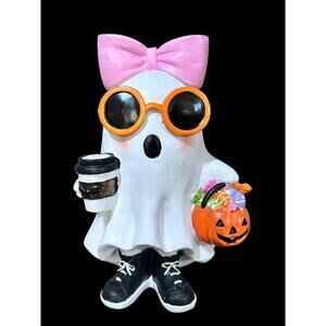 Halloween Ghost Girl in Bow with Sunglasses, Sneakers and Trendy Coffee Cup